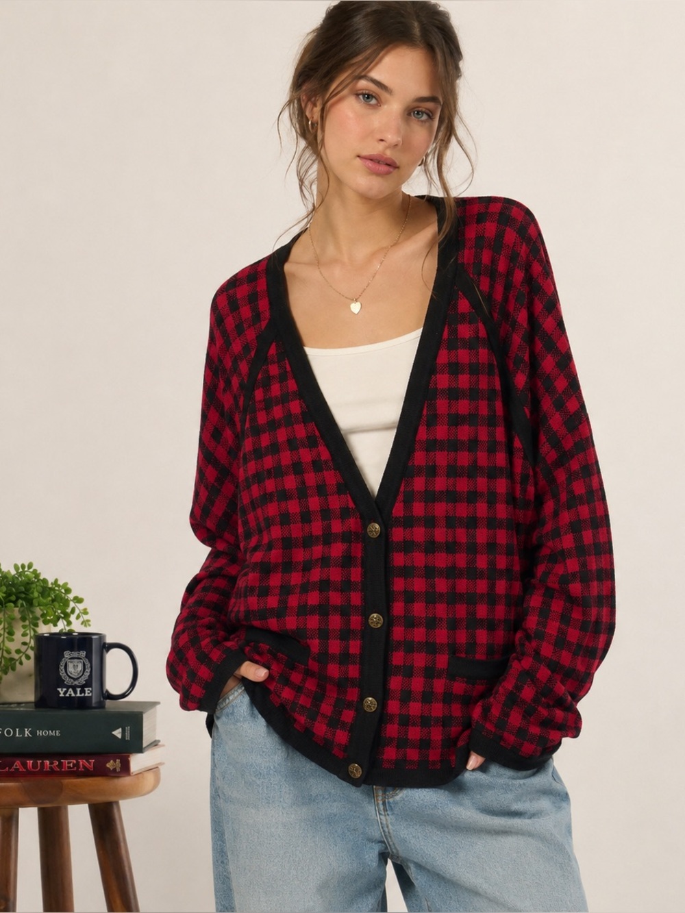 Vintage 90s Red Black Plaid Equestrian Cardigan Preppy Academia XL